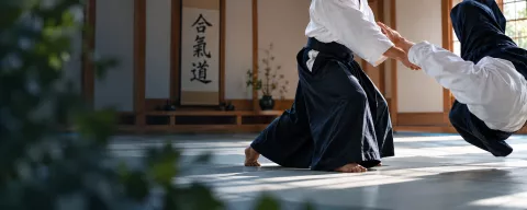 Deux pratiquants d’aïkido en pleine technique dans un dojo